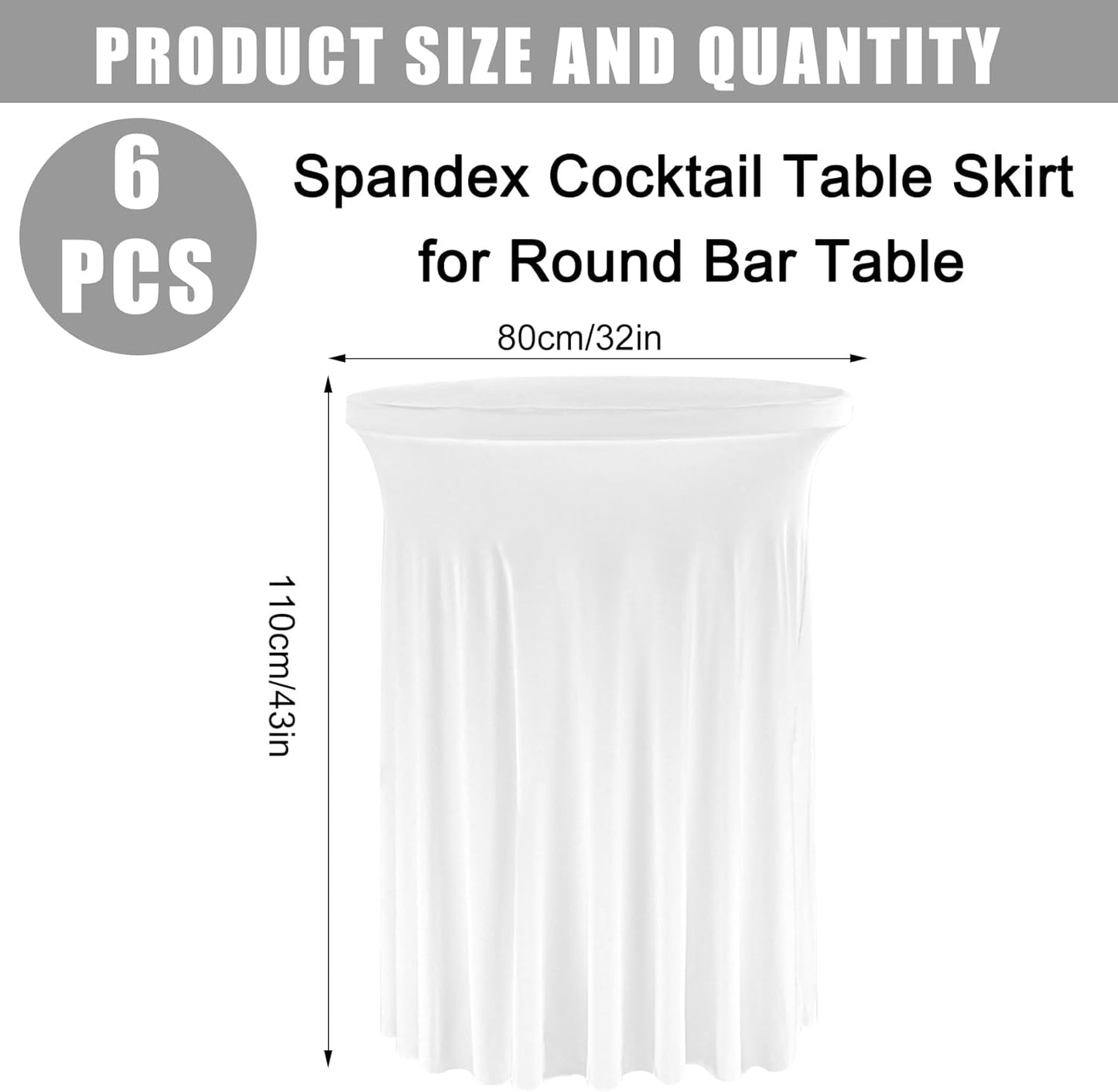 6 Pack Round Cocktail Tablecloth 32"x 43" Spandex Cocktail Table Skirt, Washable Stretch Fitted Table Covers for High Top Bar,Wedding,Party,Events (White)