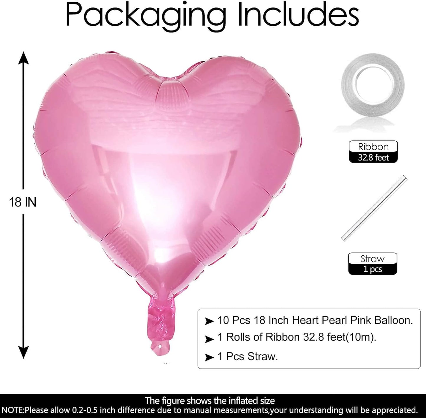 10Pcs Pearl Pink Foil Heart Shaped Balloons 18 Inch Mylar for Baby Shower, Wedding, Valentine Decorations - Love Party Supplies