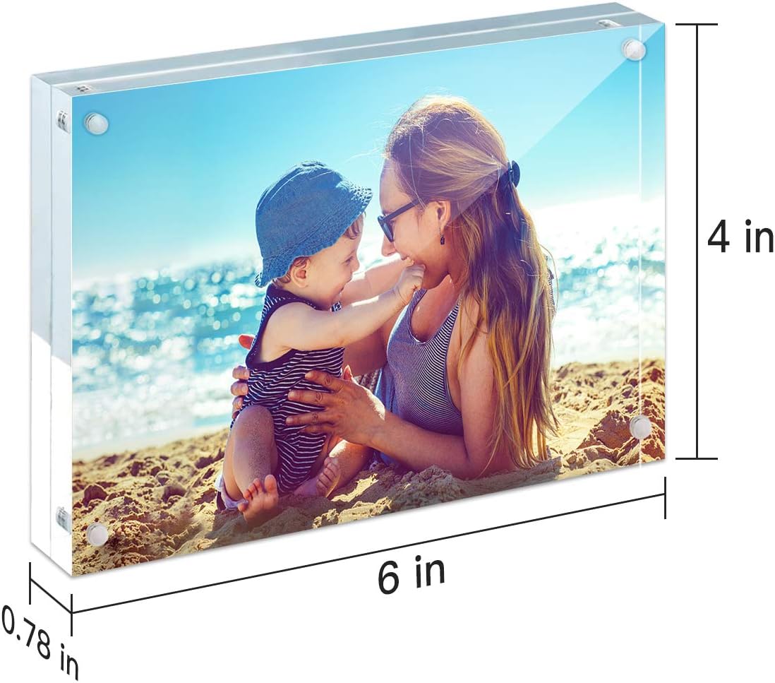 HELPLEX Acrylic Frames, 2 Pack 4x6, 20mm Thicker Frameless Clear Frame, Double Sided Magnetic, Free Standing Desktop Display