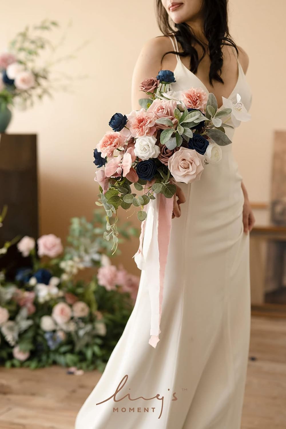 Ling's moment Dusty Rose Navy Blue Bridal Bouquet Cascading, Pink and Blue Wedding Bouquets for Bride, 15 Inch Silk Artificial Wedding Flower Bouquet