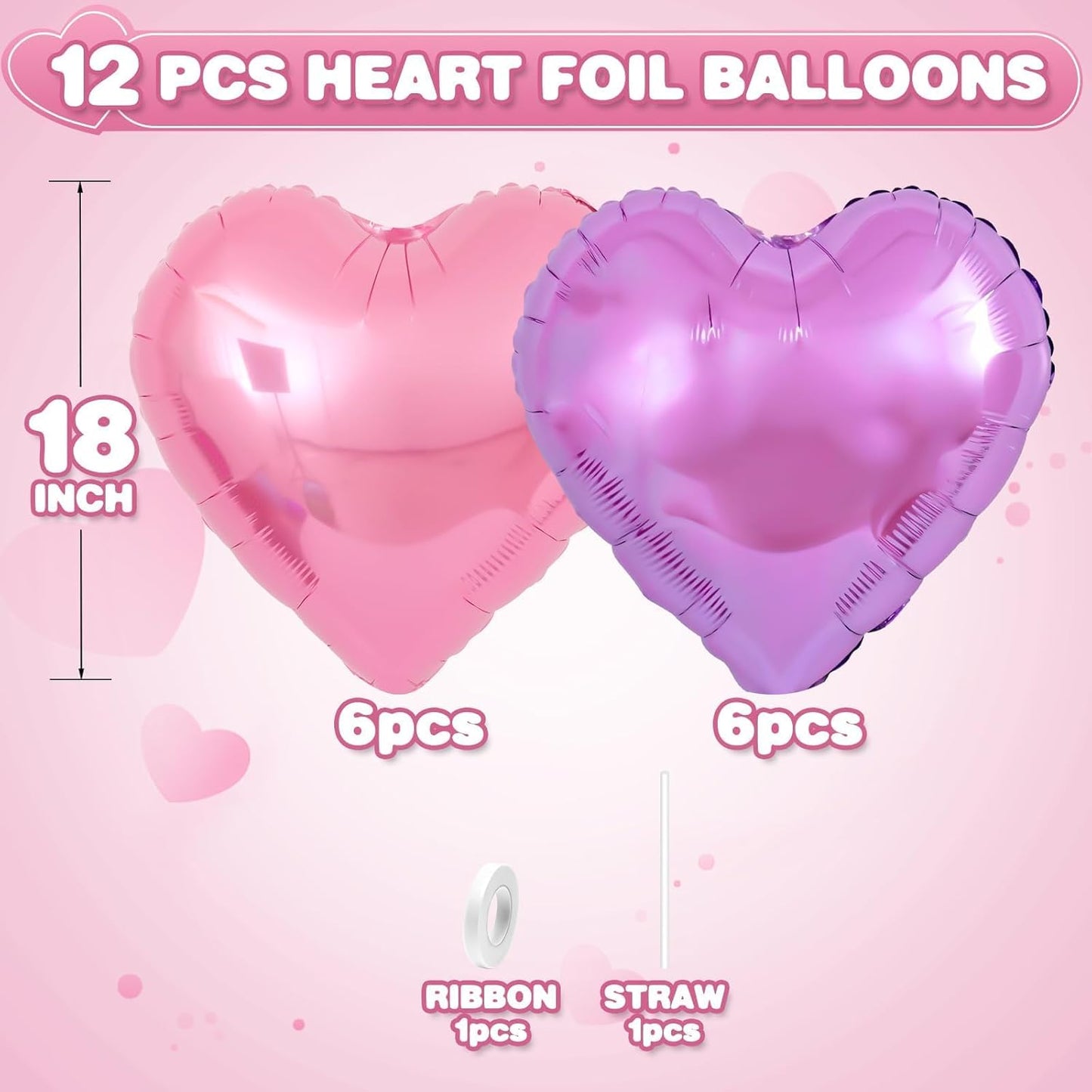 Pink Purple Heart Balloons,12Pcs Light Pink Heart Shaped Foil Balloons,18Inch Purple Pink Helium Polyester Film Balloon for Baby Shower Birthday Anniversary Wedding Party Decorations