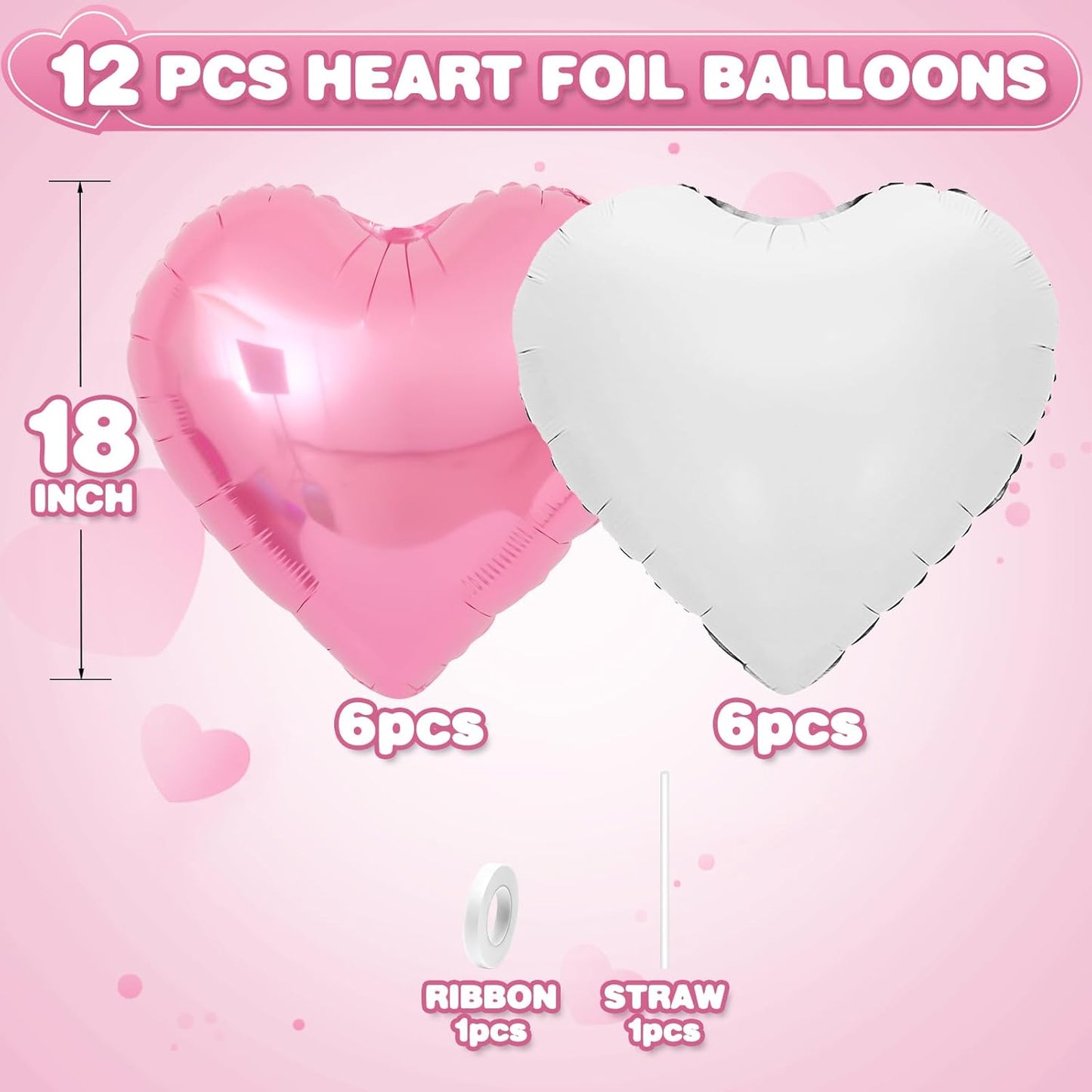 Pink White Heart Balloons,12Pcs Light Pink Heart Shaped Foil Balloons,18Inch White Helium Polyester Film Balloon for Baby Shower Birthday Anniversary Wedding Party Decorations