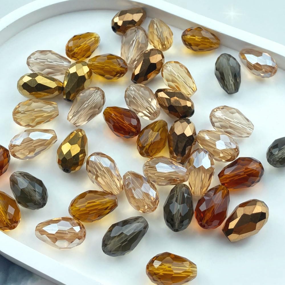 110pcs 6x8mm Teardrop Crystal Glass Beads Vertical Hole Faceted Loose Spacer Beads for DIY Craft Jewelry Making Necklace Bracelet Earring Wind Chimes(Brown Series)