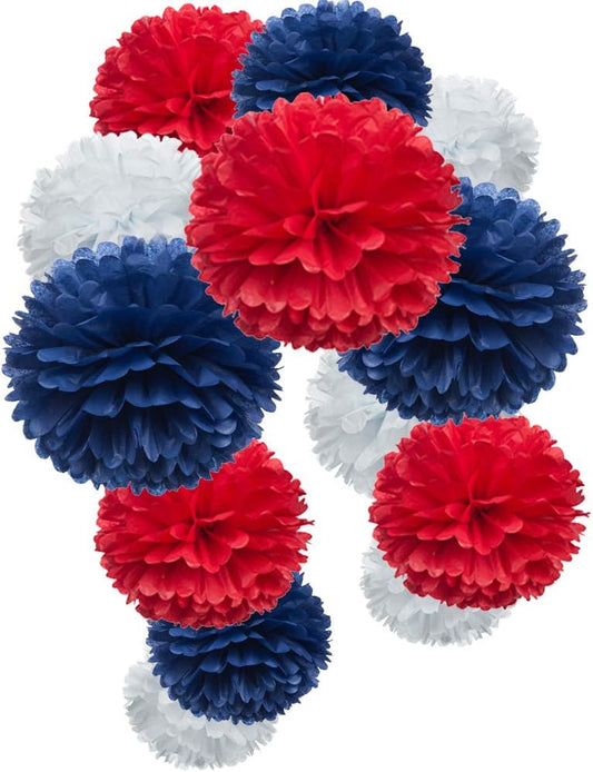 Paper Flower Tissue Pom Poms Party Supplies (red,royal blue,white,12pc)