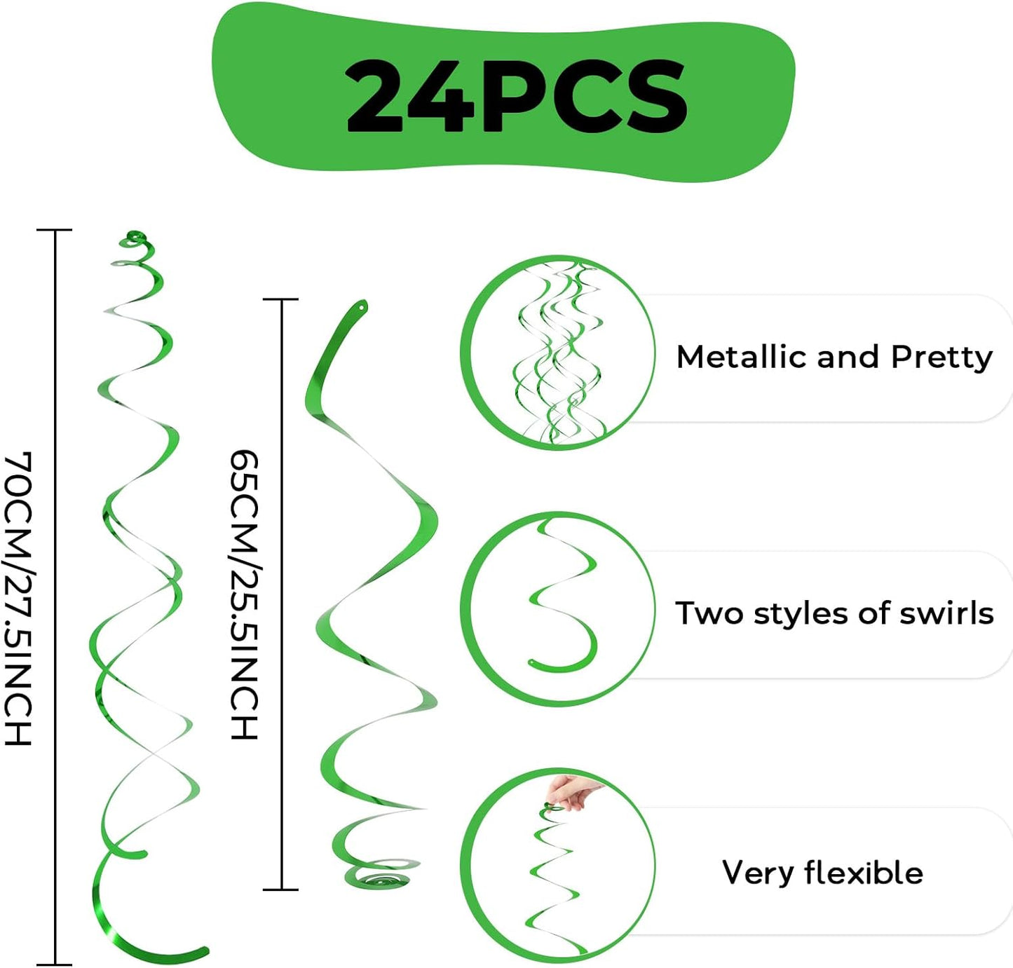 24 PCS Green Hanging Swirl, Sparkle Ceiling Hanging Decorations, Plastic Streamer Party Decorations with Double-Swirls and Single-Swirls for Birthday Decorations, Graduation, Baby Shower