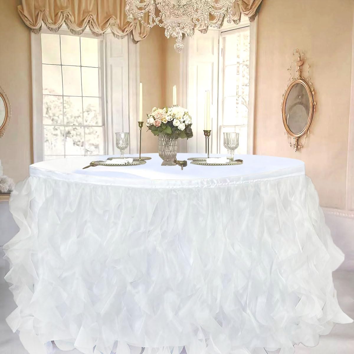 Luxury Organza Mesh Table Skirt Draping Floating Romance - Perfect for Bridal Showers, Birthday Weddings - Clear Flowing Decoration for a Wonderful Main Cake Table (White-6ft, 72" L×30" H)