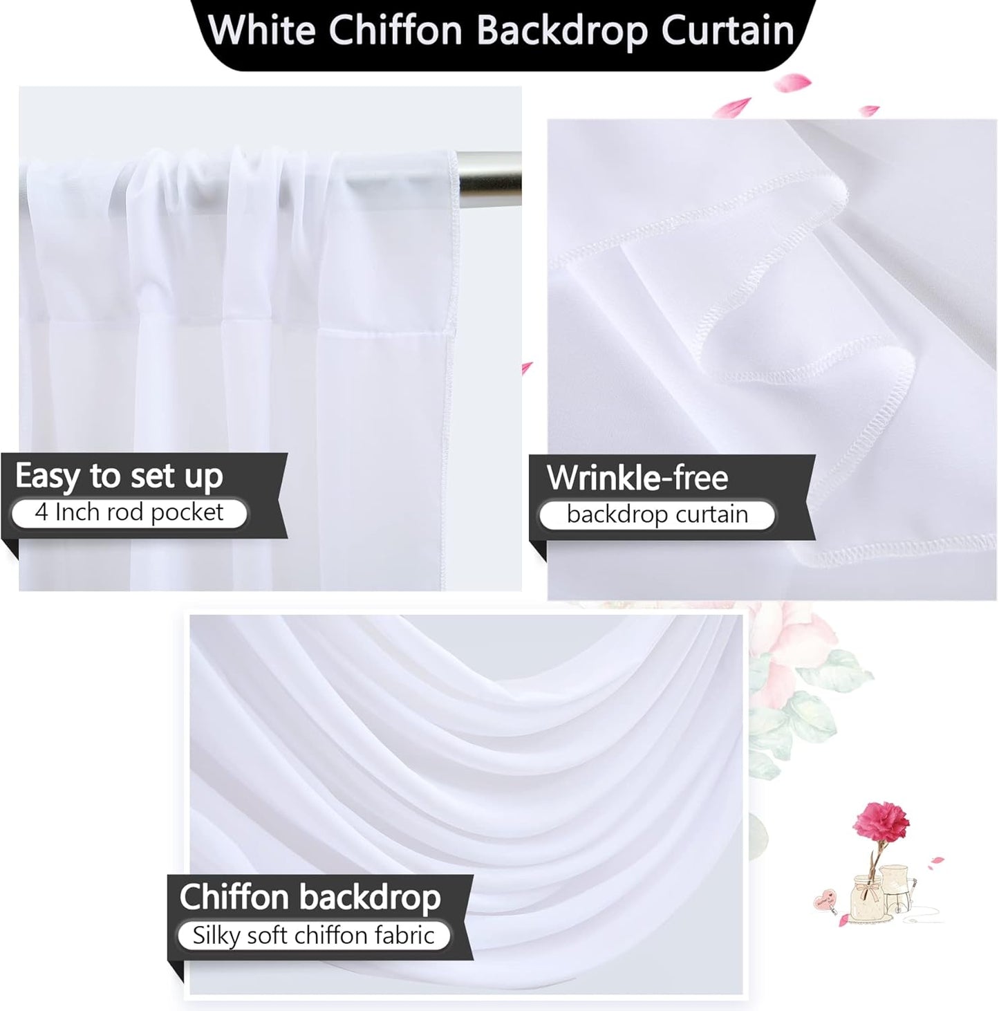 PARTISKY 10x10ft White Chiffon Sheer Backdrop Curtains (2 Panels 5x10ft Each) -Wrinkle-Free Drapes for Wedding, Birthday Party & Photography Stage Decor