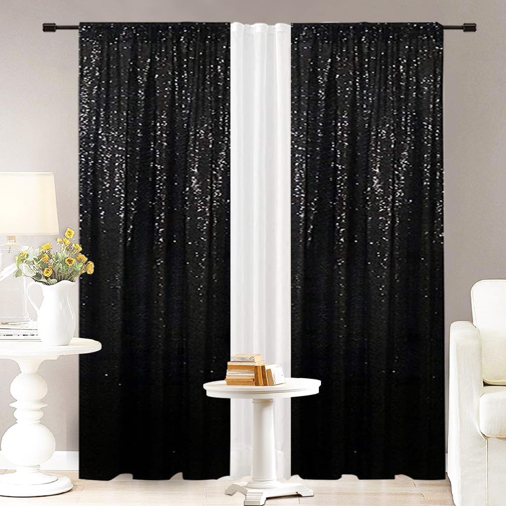 Eternal Beauty Sequin Backdrop Curtains, 2x8 Ft-2 Panels Black Back Drop for Shimmer Photography Party Wedding Birthday Decor