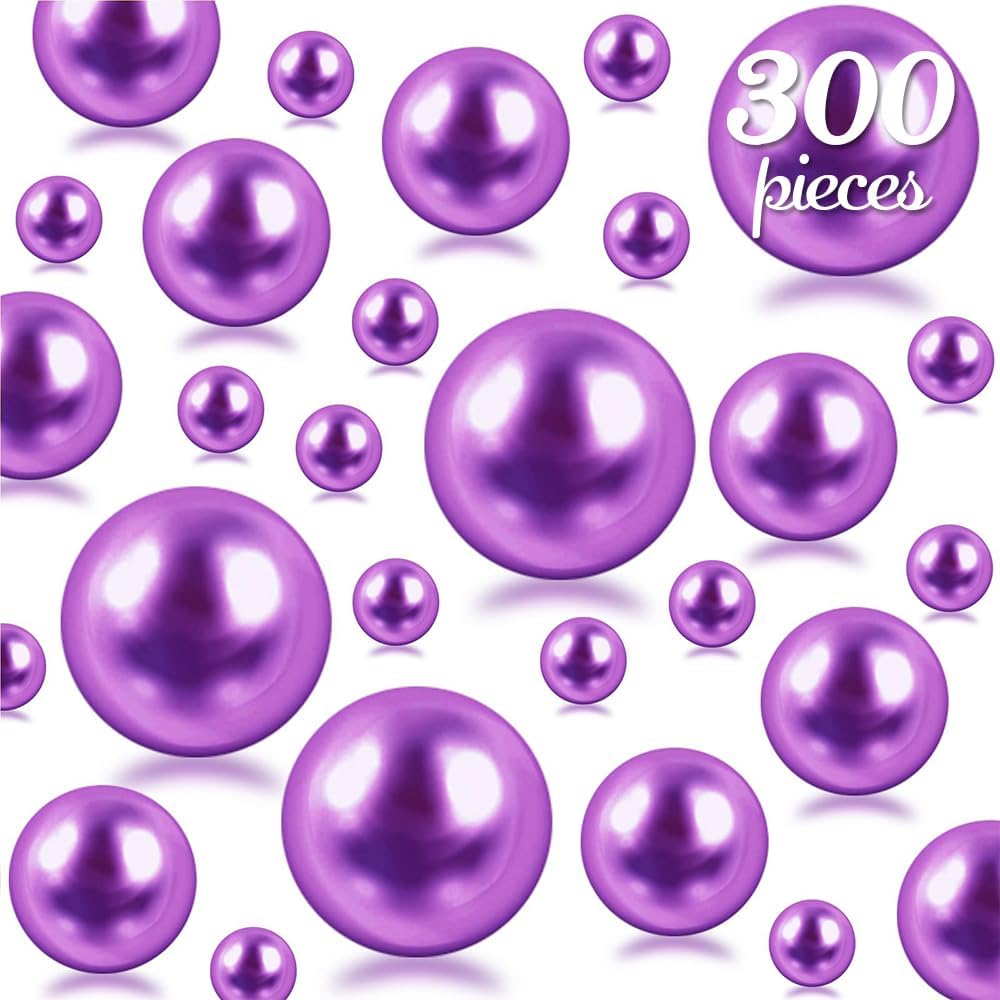 300Pcs Purple Polished No Hole Faux Pearl Beads for Vase Filling Decorations, Plastic Pearls Vase Fillers, Table Scatters, Wedding Centerpiece, Home Decor, 8/14/20 mm