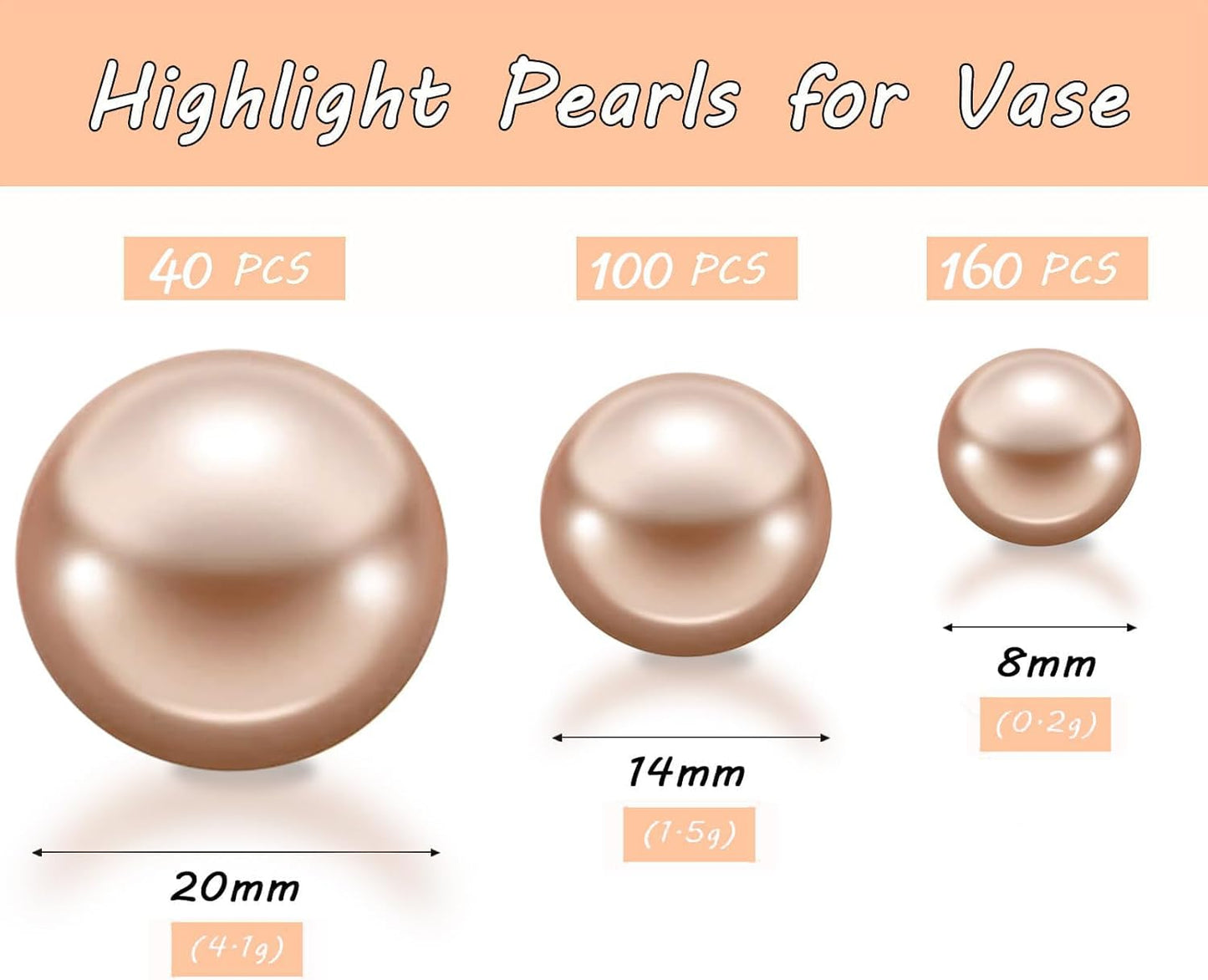 300Pcs Champagne Polished No Hole Faux Pearl Beads for Vase Filling Decorations, Plastic Pearls Vase Fillers, Table Scatters, Wedding Centerpiece, Home Decor, 8/14/20 mm