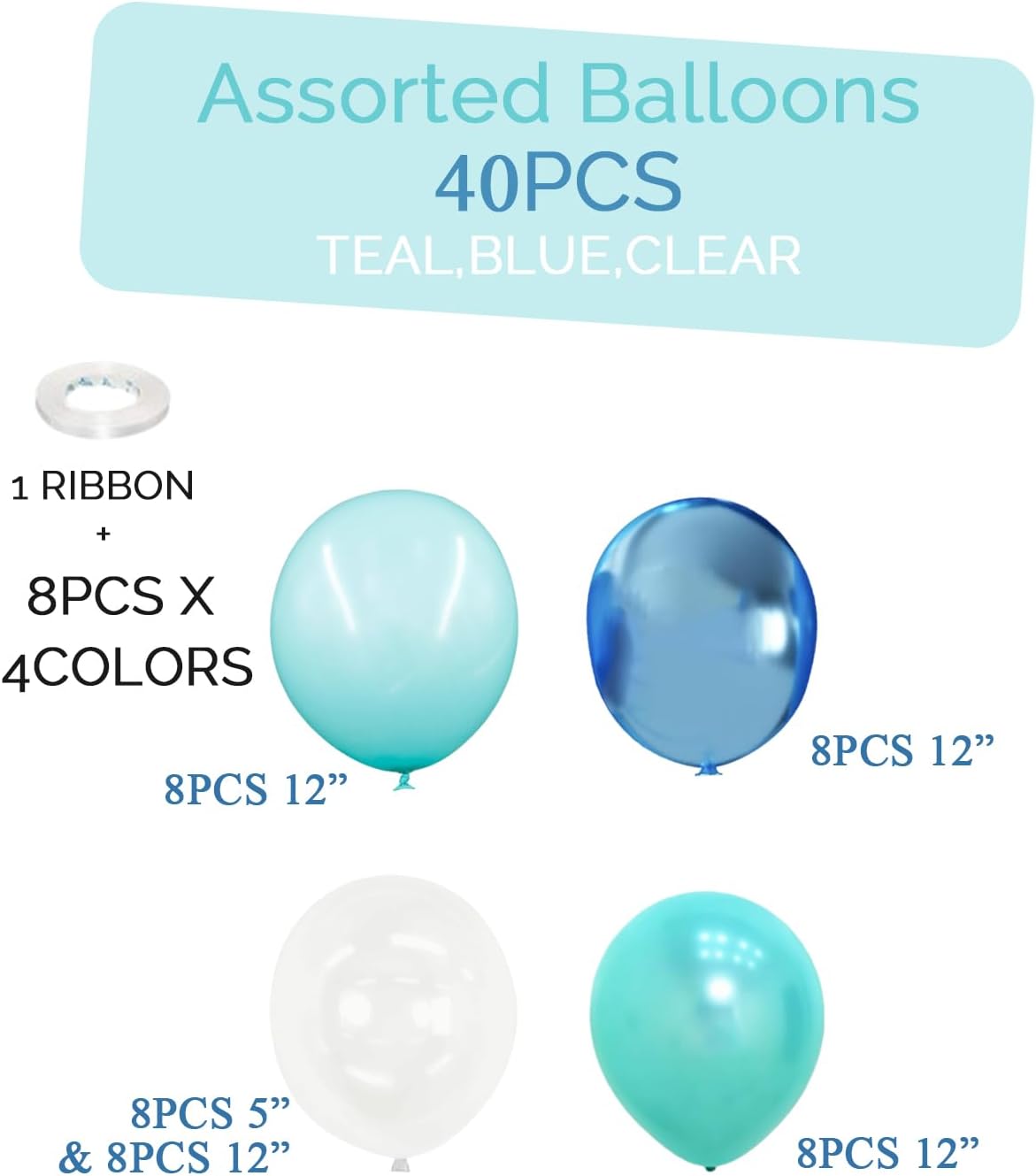 Under the Sea Party Decorations Teal Turquoise Blue Clear Balloons Assorted Colors Kit for Ocean Beach Pool Mermaid Fish Shark Theme Birthday& Classroom Decor-40Pcs Pearl Metallic Blue,Bubble Balloon
