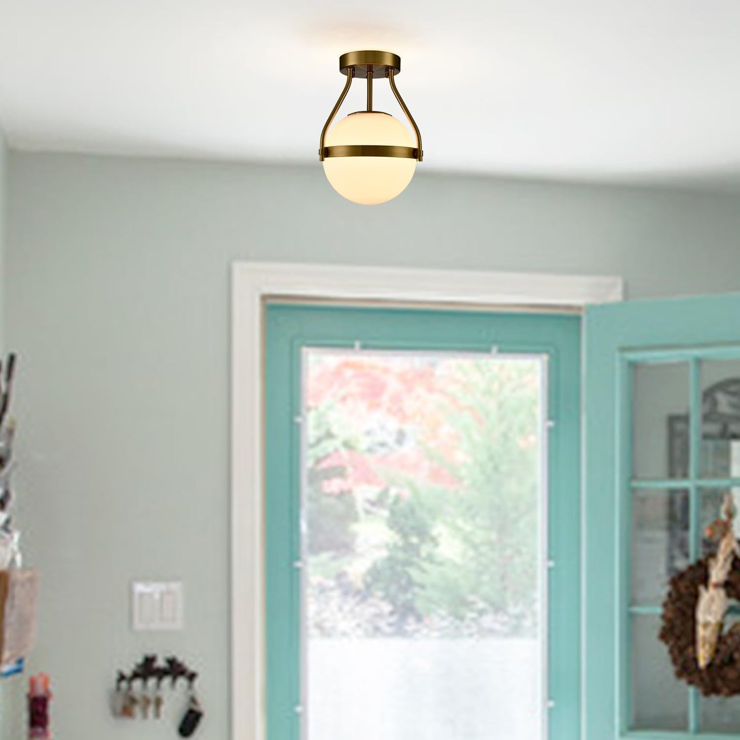 HOLKIRT Modern Semi Flush Mount Light, Mid Century Style 7Inch/18CM Brass Globe Ceiling Light with Opal Glass for Kitchen, Hallway, Bedroom