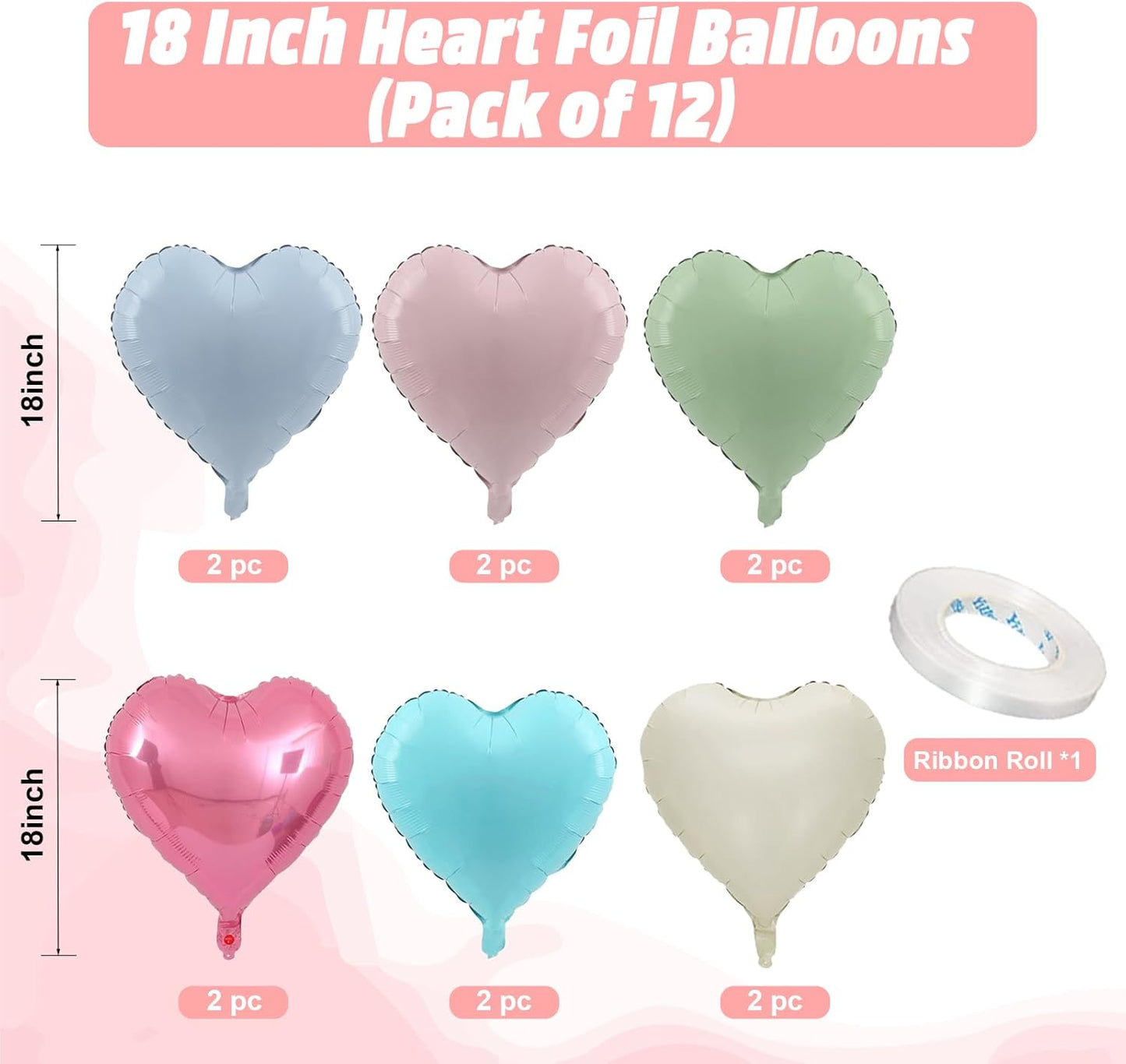Pastel Colorful Heart Balloons, 18 Inch Matt Rainbow Heart Shape Balloon, 12PCS Multicolor Macaron Helium Foil Heart Balloon for Kids Birthday Baby Shower Engagement Wedding Party Decoration