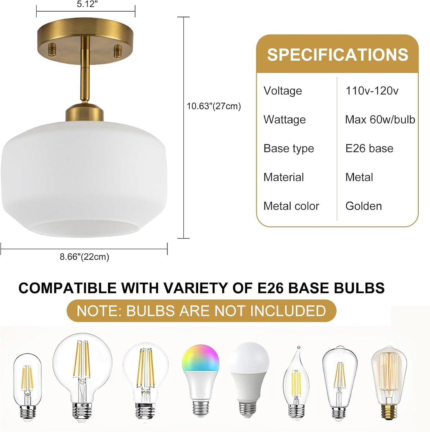 Tbaoinal semi Flush Mount Ceiling Light Fixture Adjustable Hanging Brass Gold Light Fixture 8.66" Modern Frosted Opal Milk Glass Shade Sloped Ceiling Adaptable for Hallway Light fixtures Entryway
