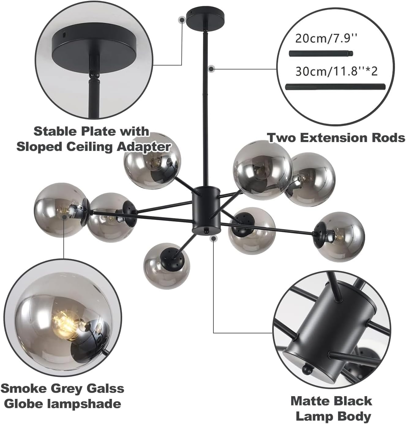 KCO Lighting Modern Glass Globe Sputnik Chandelier 8-Light Mid Century Black Sputnik Chandelier Pendant Light Fixture Farmhouse Industrial Chandelier Light Fixture (Black+Smoke Grey)