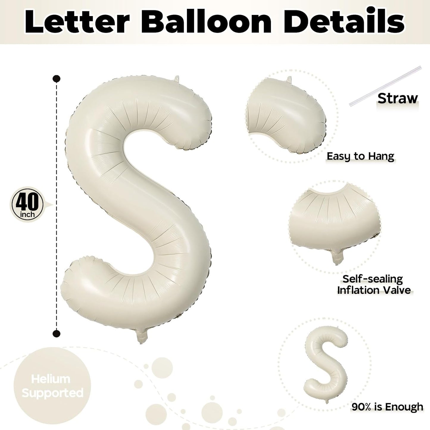 Giant Alphabet S Foil Balloons, Nude Cream White Custom Mylar Letters Balloon Birthday Decor, 40 Inch Helium Self Inflating Beige S Name Balloons Letter for Girls Baby Shower Party Decoration Supplies