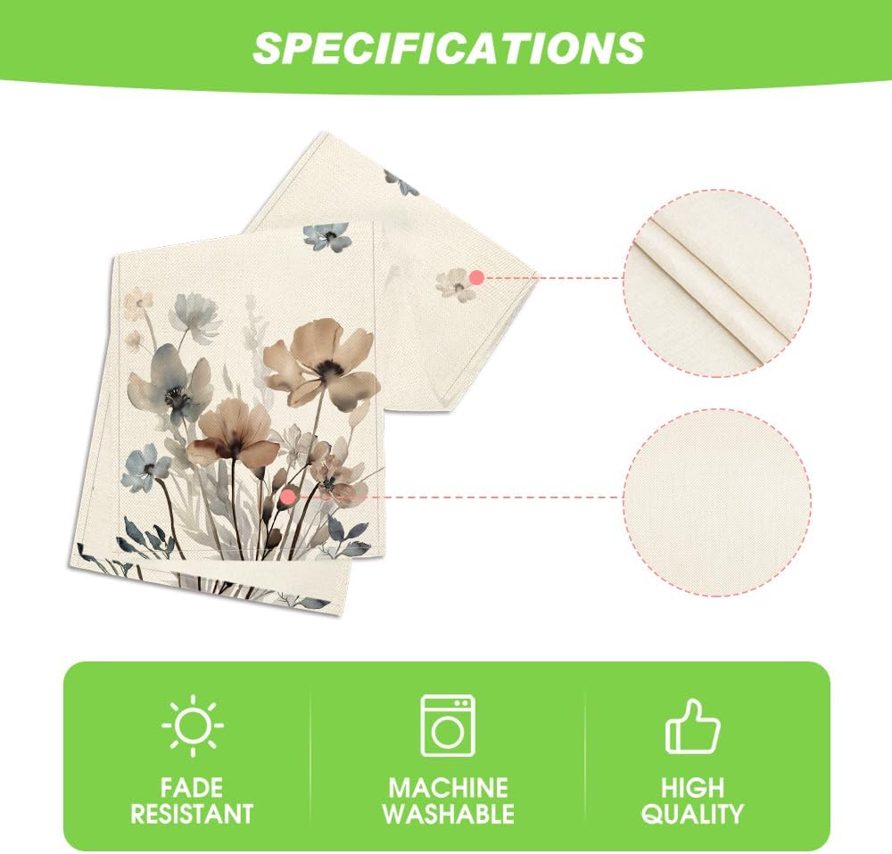 Artoid Mode Brown Poppy Floral Leaves Spring Table Runner, Seasonal Summer Kitchen Dining Table Decoration for Home Party Decor 13x120 Inch