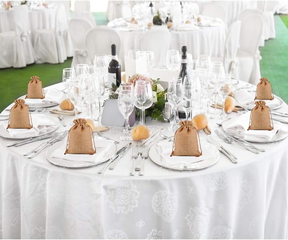 Lucky Monet 25/50/100PCS Burlap Gift Bags Wedding Hessian Jute Bags Linen Jewelry Pouches with Drawstring for Birthday, Party, Wedding Favors, Present, Art and DIY Craft (100Pcs, Coffee, 3” x 4”)