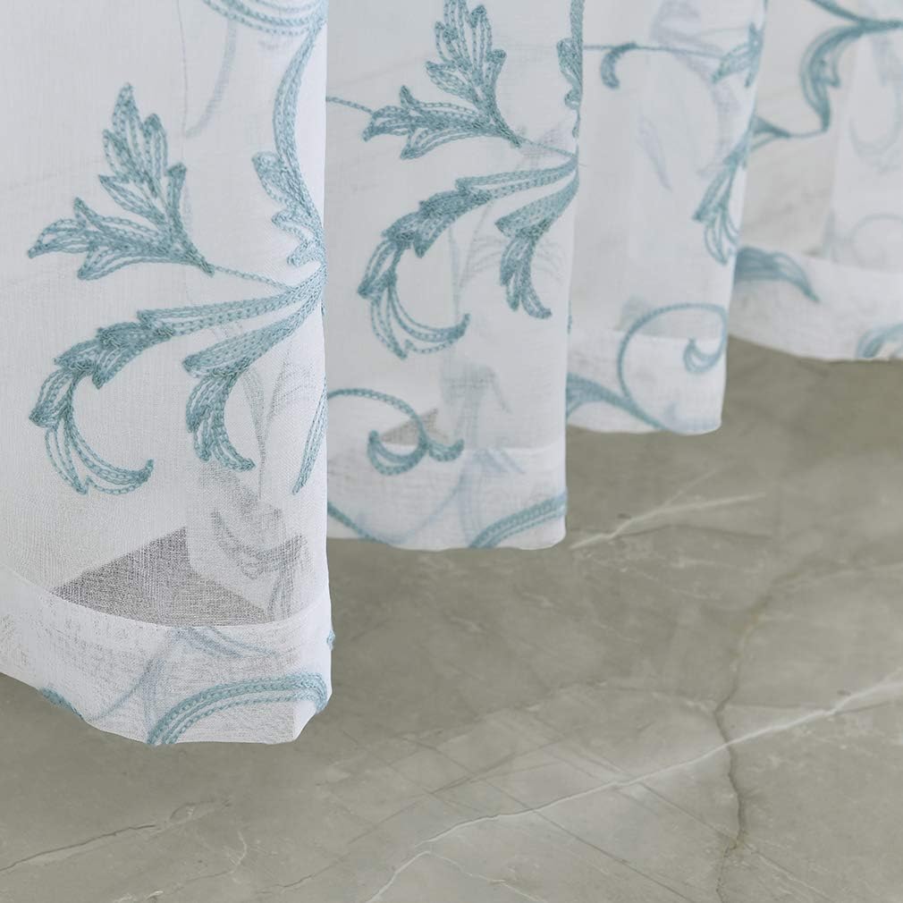 Floral Embroidery Sheer Curtains Blue 45 Inch Length, Vintage Rod Pocket Voile Drapes for Living room, Bedroom, Window Treatments Semi Crinkle Curtain Panels for Villa, Parlor, Set of 2, 52"x 45".