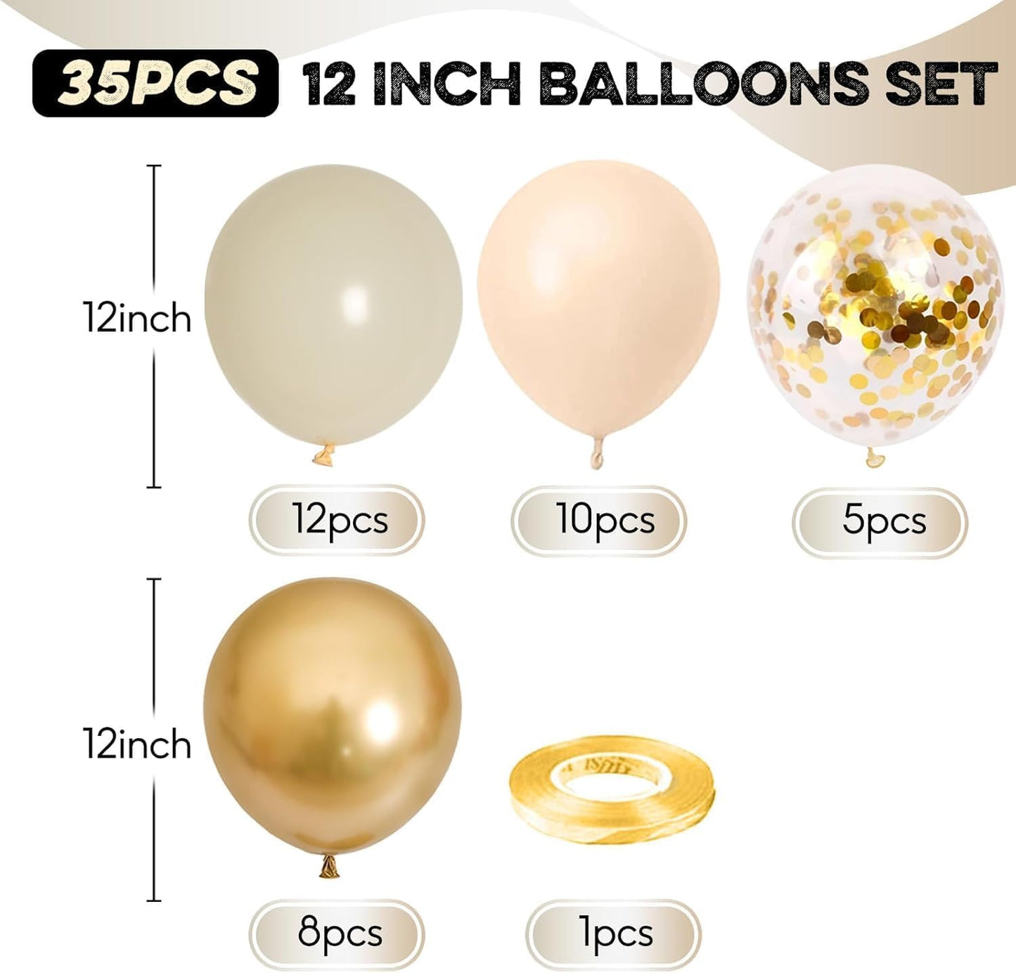Sand White and Gold Confetti Balloons, 12 Inch Metallic Gold Beige Latex Balloons for Boho Birthday Wedding Bridal Baby Shower Engagement Anniversary