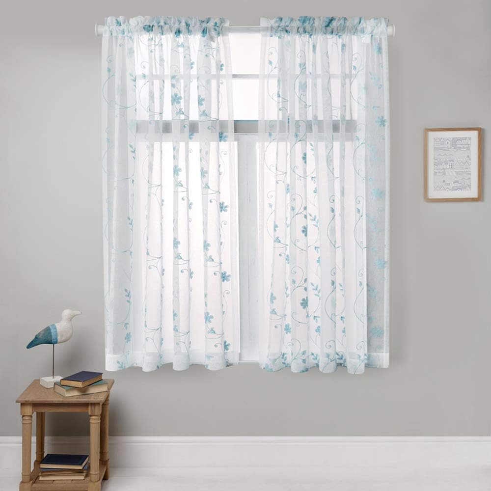 Floral Embroidery Sheer Curtains Blue 63 Inches, Rod Pocket Voile Drapes for Living room, Bedroom, Window Treatments Semi Crinkle Curtain Panels for Yard, Patio, Villa, Parlor, Set of 2, 52"x 63".