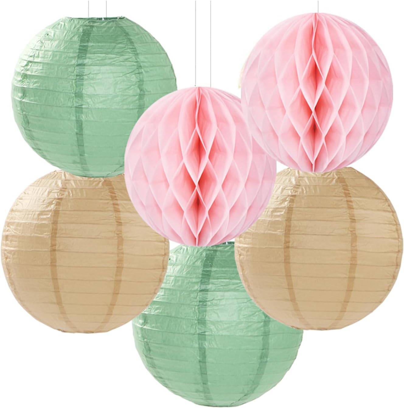 Sage-Green Pink-Champagne Party-Decorations Streamers Lanterns - 14pcs Neutral Baby Shower Paper Fan,Tissue Pom Poms,Honeycomb Balls,Boho Wedding Engagement Bachelorette Birthday Bridal Decor Ouruola