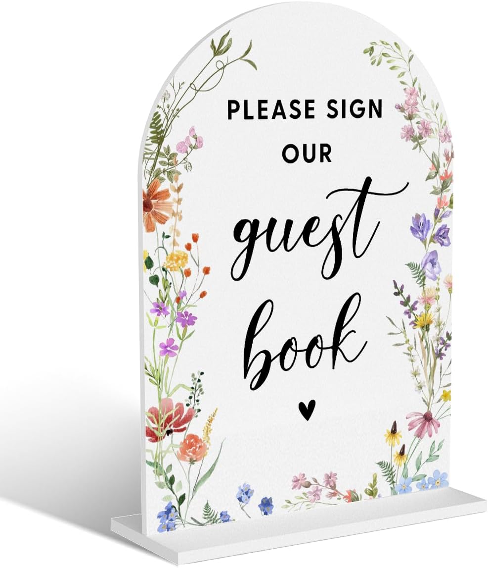 Acrylic Wedding Signs, Bridal Shower Decorations, Modern Arched Round Top Acrylic Table Top Sign with Holder for Wedding Reception Party Dinner - Please Sign Our Guestbook (White Wildflowers)