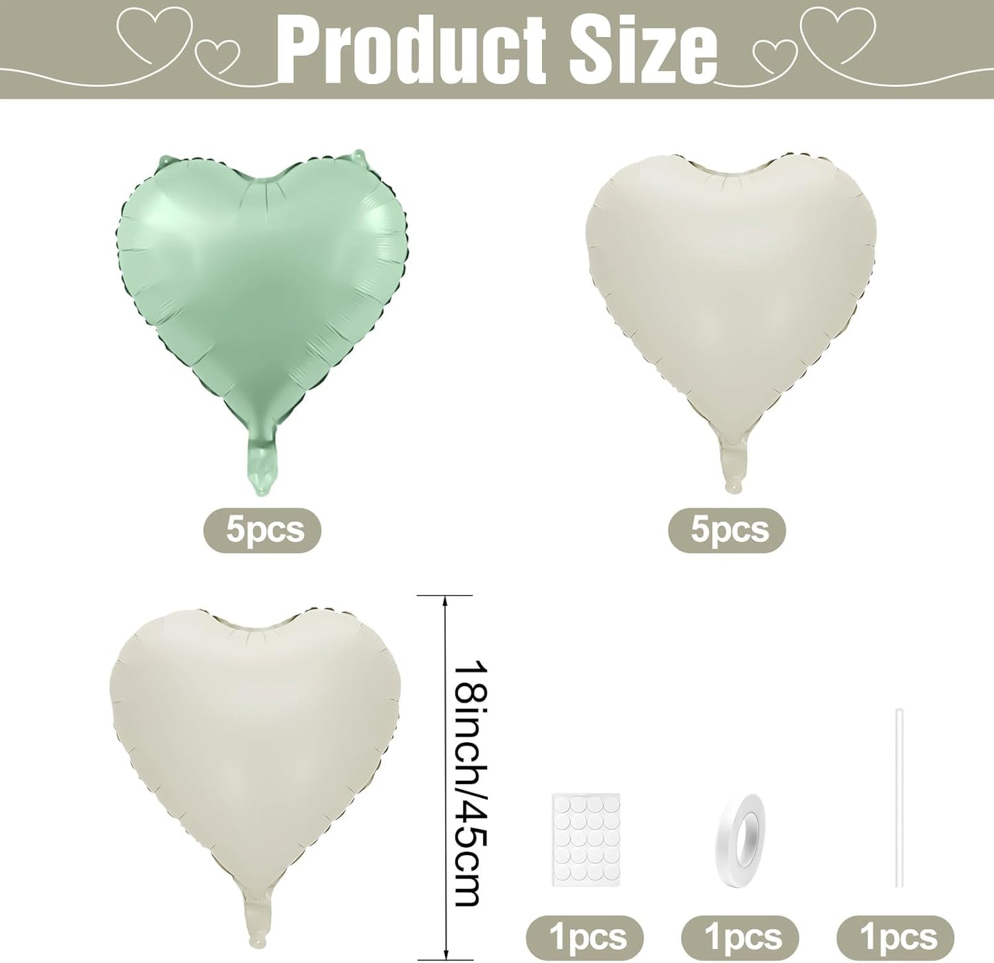 Sage Green White Heart Balloons,10Pcs Sand White Foil Heart Shaped Balloons,18Inch Olive Green Helium Balloon for Valentines,Engagement,Birthday,Baby Shower,Wedding Party Decorations