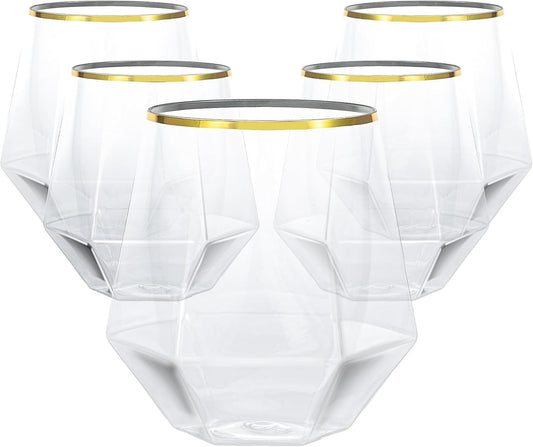 Goodluck 40 PCS Diamond Stemless Plastic Wine Whiskey Glasses, 12 Oz Disposable Cocktail Glasses, Suitable for Weddings, Birthday Parties, Family Gatherings, Bars, etc （Gold rimmed cups）