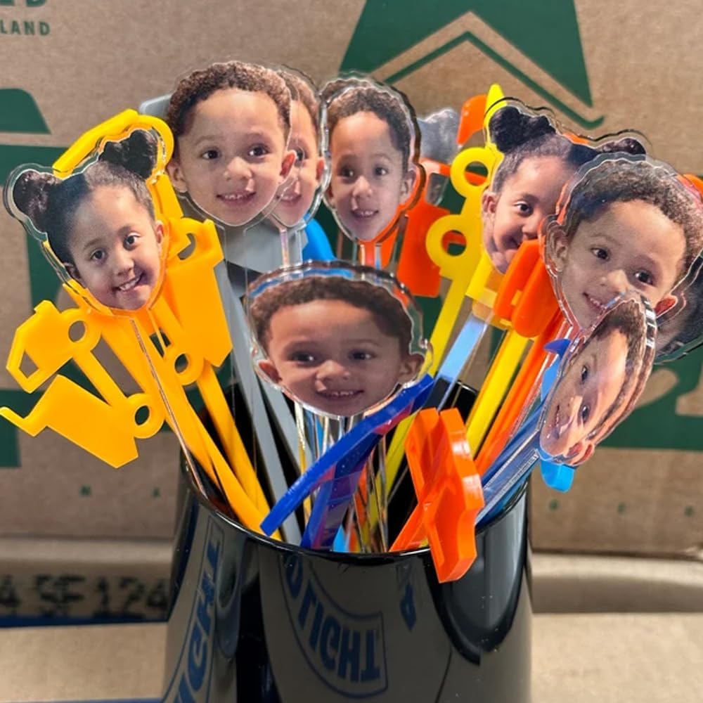 Personalized Pack 50pcs Printed Face Stir Sticks, Dog/Cat/Face/Logo Acrylic Drink Stirrers, Custom Big Head with Your Photo Drink Stirrers, Decor For Parties Birthday Graduation, Baby Face Photos