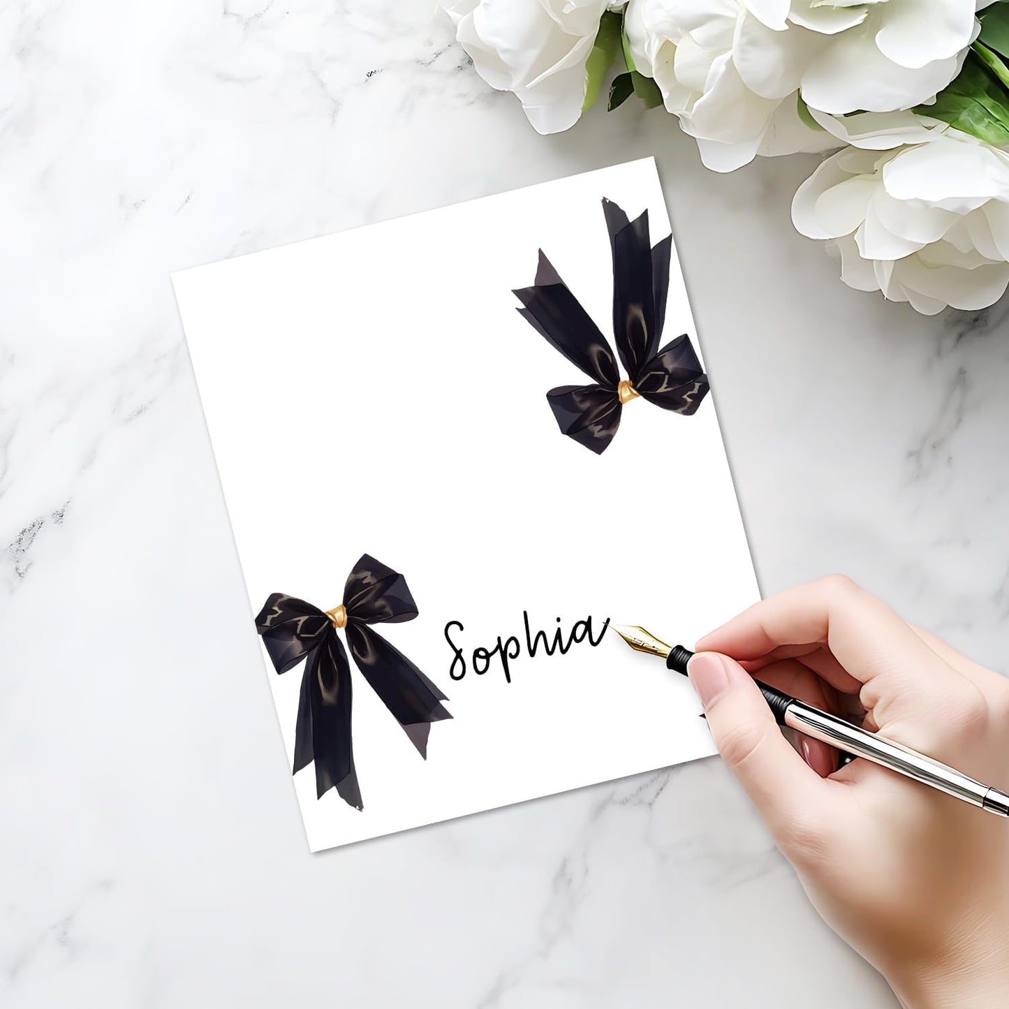 25 Pack Black Bow Place Cards, Editable Name Cards for Table Setting, Tent Cards Food Label for Dinner Party, Bridal Shower, Wedding, Baby Shower and Events -T29
