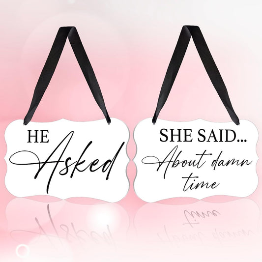 2 Pcs Acrylic Wedding Sign, Ring Bearer Sign, Rustic Wedding Decor Signs, Acrylic Wall Art With Ribbon for Chairs Weddings Decor and Event Party - He Asked She Said About Damn Time (White)
