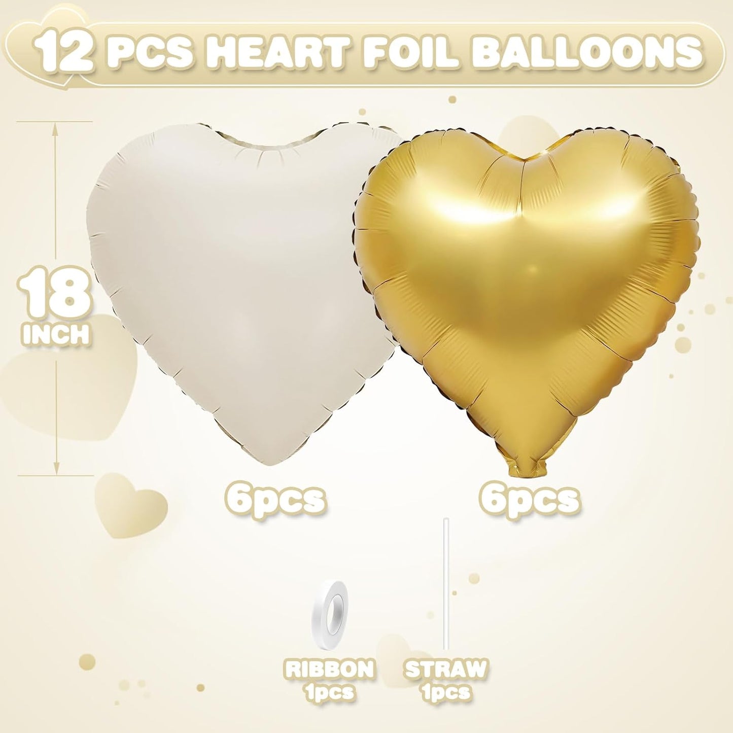 Sand White Gold Heart Balloons,12Pcs 18Inch Cream White Metallic Gold Heart Shaped Foil Helium Foil Balloons for Baby Shower Birthday Anniversary Wedding Engagement Party Decorations