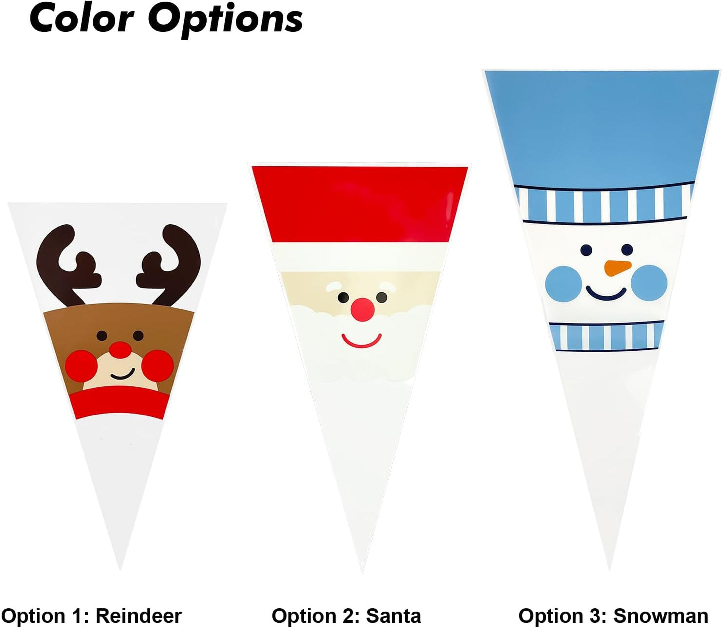 EKAPACKAGING 50Pcs 6x10 Inches Reindeer Print Cone Shaped Treat Bags with Ties, Christmas Clear Cellophane Bags, Party Favor Bags for Popcorn, Cookies, Cotton Candy, Gift, and Pretzel Rod