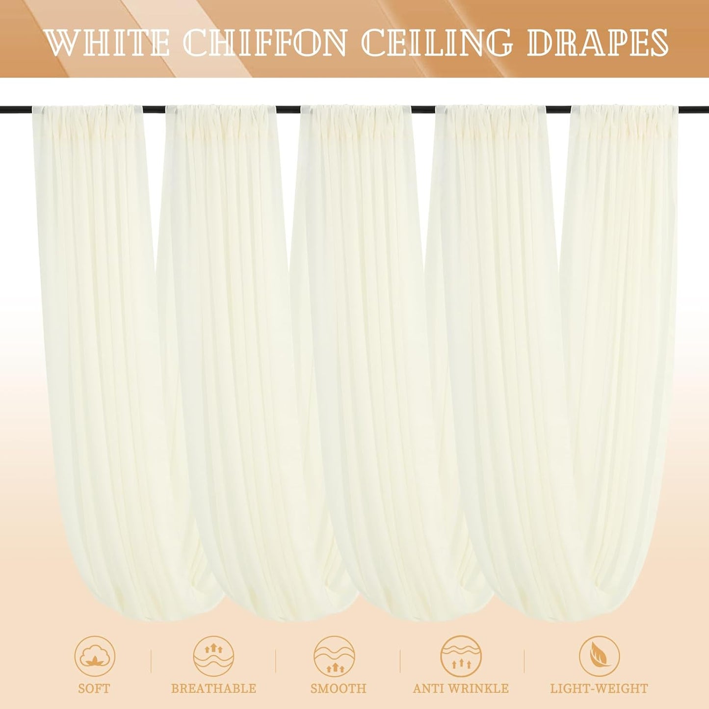 4 Panels Ivory Ceiling Drapes for Wedding 5ftx40ft Sheer Drapery Chiffon Fabric Arch Draping Curtains for Party Ceremony Birthday Baby Shower Reception Stage Ceiling Decorations
