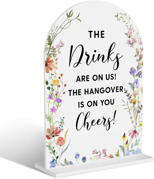 Acrylic Wedding Signs, The Drinks Signs for Marriage Reception, Bridal Shower Decorations, Modern Arched Round Top Acrylic Table Top Sign with Holder for Wedding Party Dinner (White Wildflowers)
