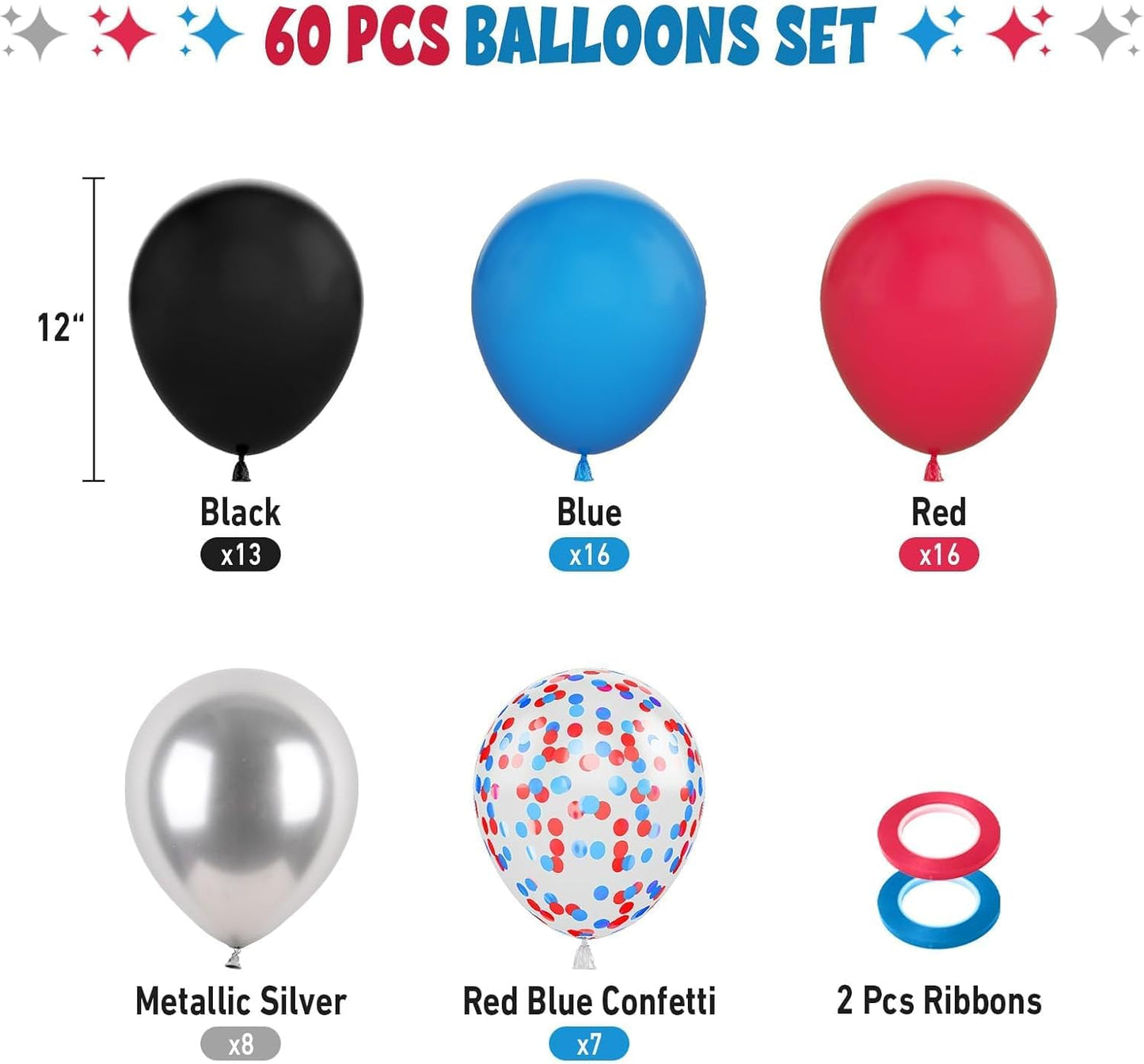 FunHot Red and Blue Balloons, 60 Pcs Red Black Blue Balloons, 12 Inch Metallic Silver Latex Balloon Helium Blue Confetti Balloon for Graduation Baby Shower Boys Kids Birthday Party Decorations