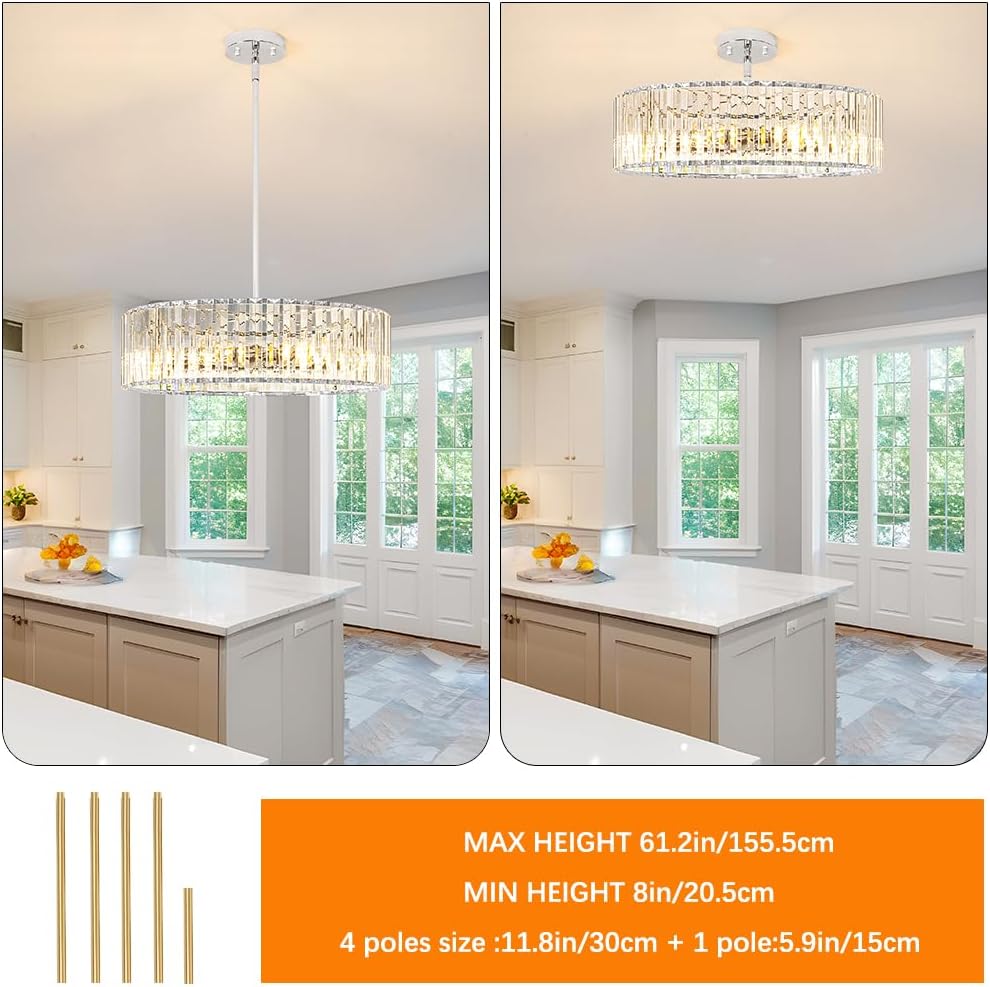 Modern Crystal Chandelier for Dining Room, 6 Light Chrome Semi Flush Mount Ceiling Light Fixtures, 19in Hallway Fixture, Round Kitchen Hanging Drum Pendant Lights Ceiling for Living Room Bedroom Foyer