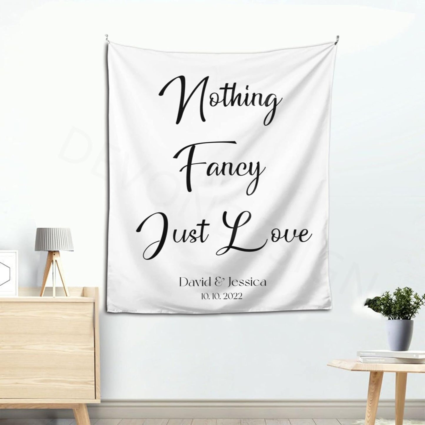 Nothing Fancy Just Love Backdrop, Custom Tapestry with Names and Date, Rustic Wedding Sign, Personalized Calligraphy Wedding Banner for Ceremony, Reception Backdrop, Wedding Arch, Wedding Decorations