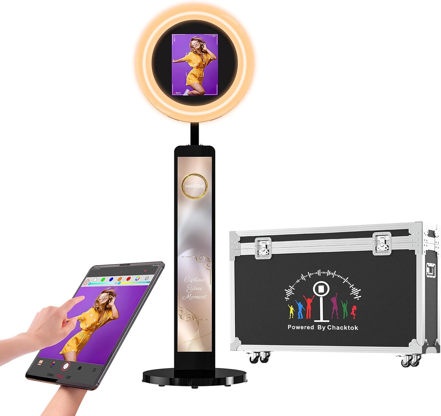 HARZHI Portable Photo Booth Compatible with Ipad, for Ipad Photo Booth Shell Stand Stand Provide Chacktok Photo Booth Software for Party and Wedding, Free Custom Logo, Flight Case