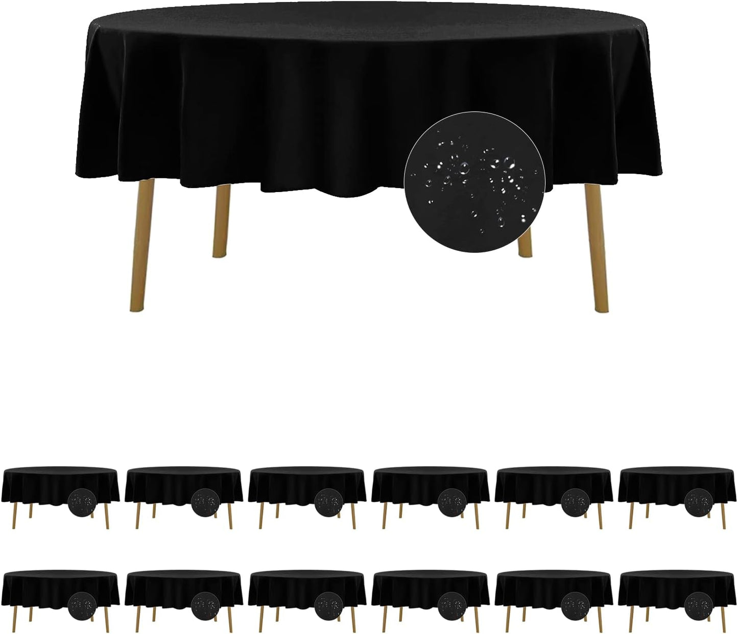 Fokitut 12 Pack Waterproof Round Tablecloth, 70 Inch, Stain Resistant and Wrinkle Polyester Table Cloth, Fabric Table Cover for Kitchen Dining, Wedding, Party, Holiday Dinner-Black