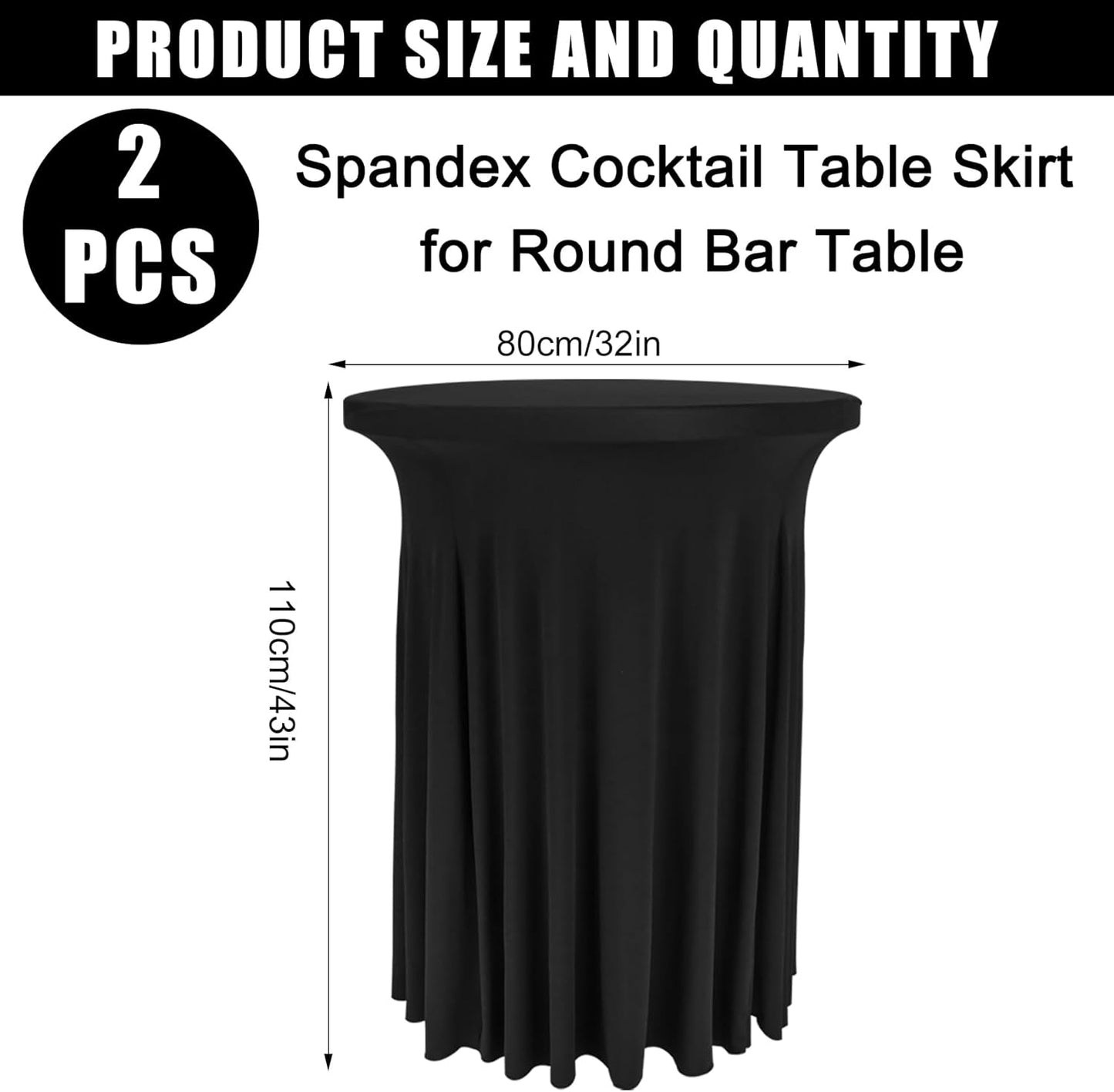 Fivenl 2 Pack Spandex Cocktail Table Skirt 32"x 43" Black Stretch Cocktail Table Cover, Washable Round High Top Tablecloth for Bar, Wedding, Party, Events (Black)