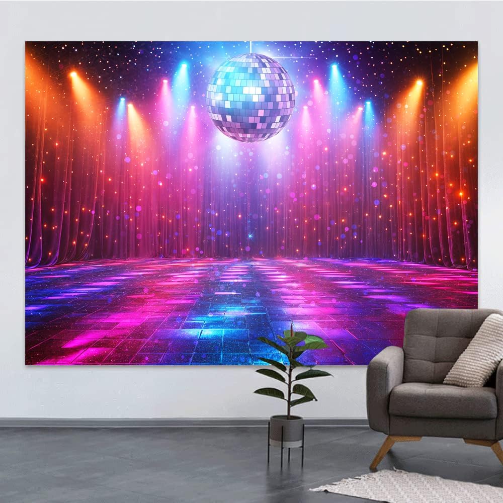 Disco Decorations Backdrop, Retro Glow Party 70s 80s 90s Theme Stage Dance Background Disco Party Decoration, Polyester Banner PartyBackdrop for Birthday Prom Portrait Photo Props 7x5ft