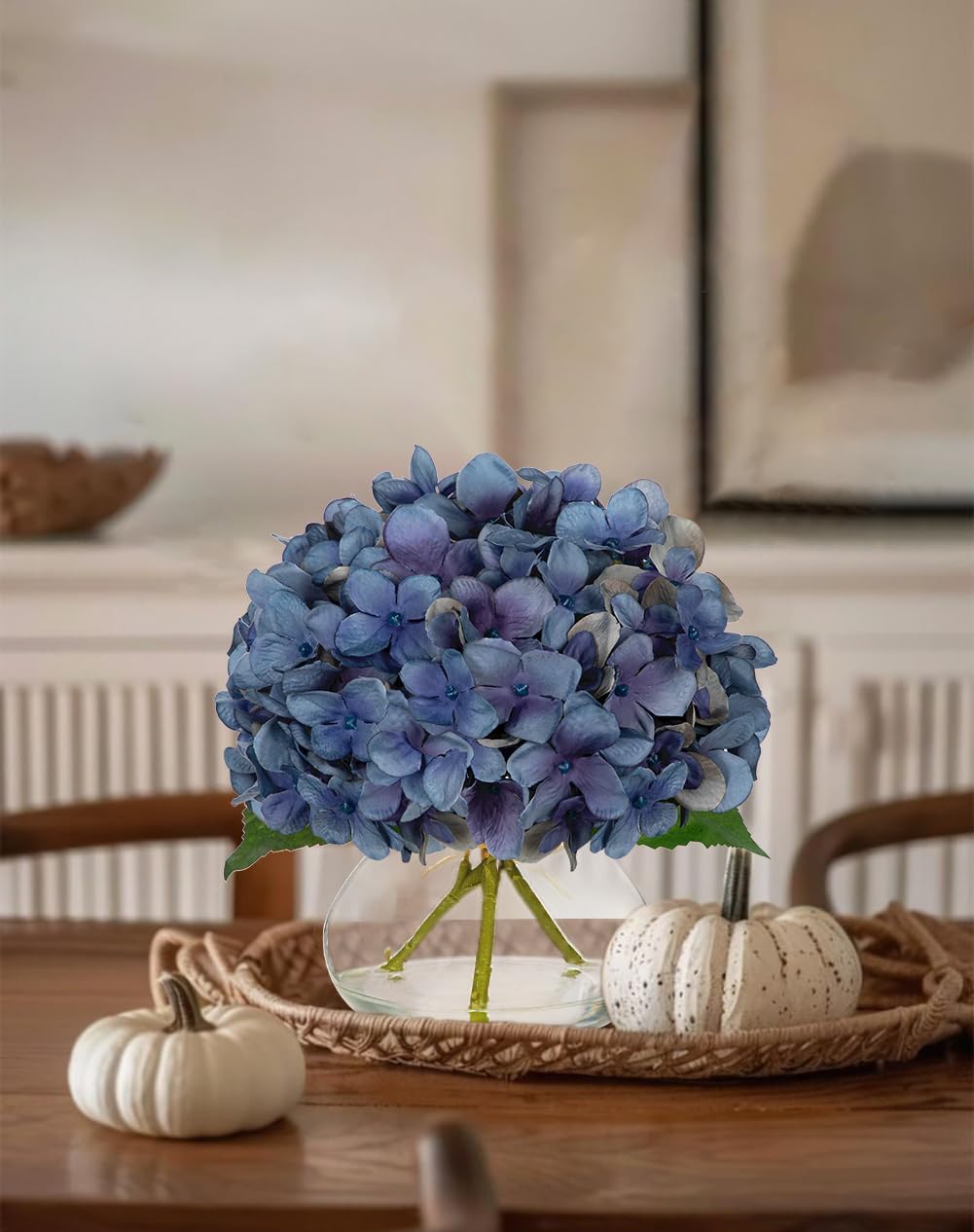 Hollyone Blue Hydrangea Fall Flowers Artificial for Decoration with Glass Vase Autumn Silk Faux Flower Arrangements with Fake Water Table Centerpiece Vase with Flowers Fall Decorations for Home