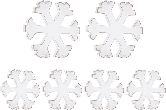 6Pcs Snowflake Decorations Christmas Decor White Winter Wooden Snowflakes Standing Christmas Tiered Tray Decor Table Signs Winter Wonderland Decorations for Indoor Home Xmas Shelf Fireplace Mantel