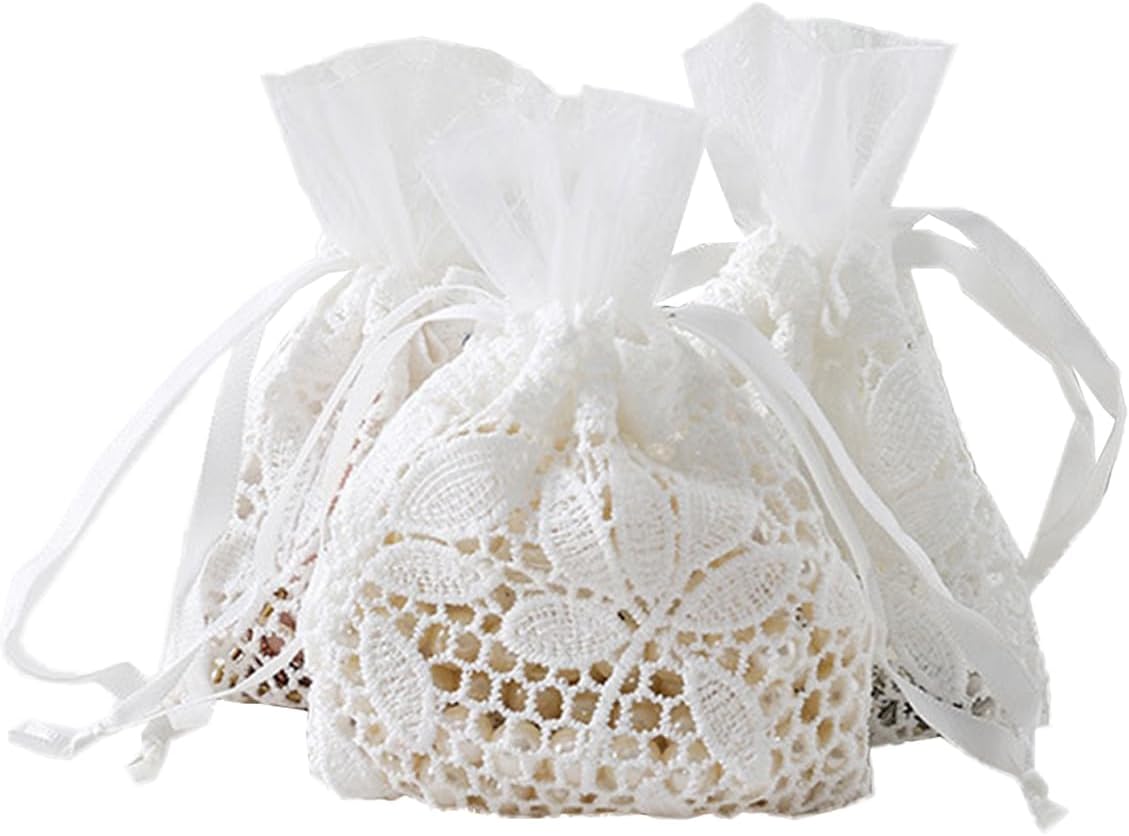 Petunny 6Pcs White Lace Drawstring Bags,Cotton Drawstring Gift Bags Embroidered Jewelry Pouch for Wedding Birthday Christmas Parties(3.9x5.5Inch)