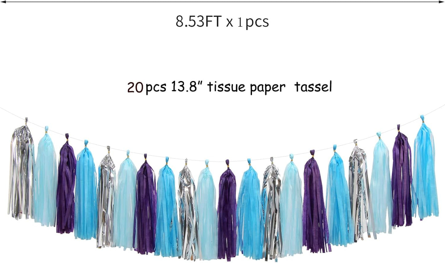Purple-Blue Silver Frozen Party-Decorations Tassel-Garland -20pcs Winter Girl Birthday New Year Christmas Tassels Banner Streamers Wonderland Mermaid Baby Shower Wedding Supplies Party Decor Panduola