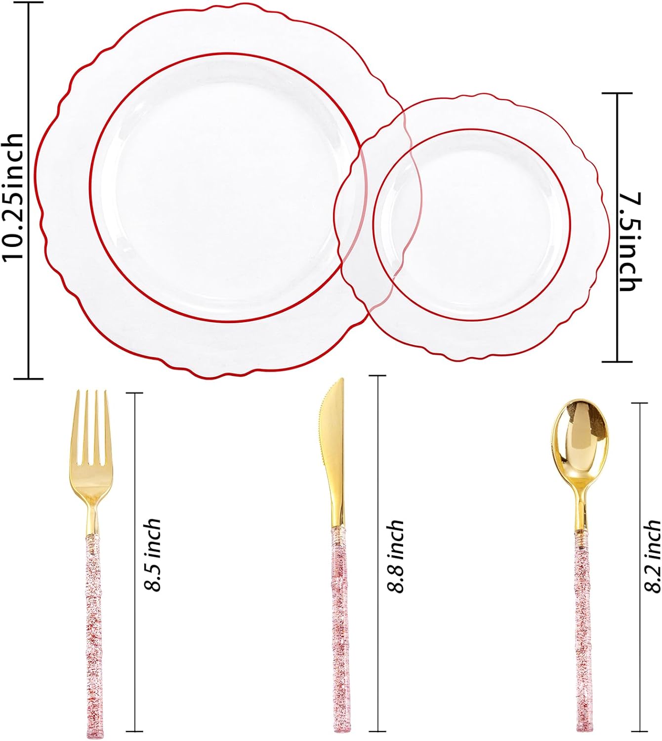 Liacere 150PCS Clear and Red Plastic Plates-Clear Red Disposable Plates with Glitter Bamboo Handle Cutlery-60 Baroque Elegant Plates,30 Forks,30 Spoons,30 Knives for Wedding&Mother's Day