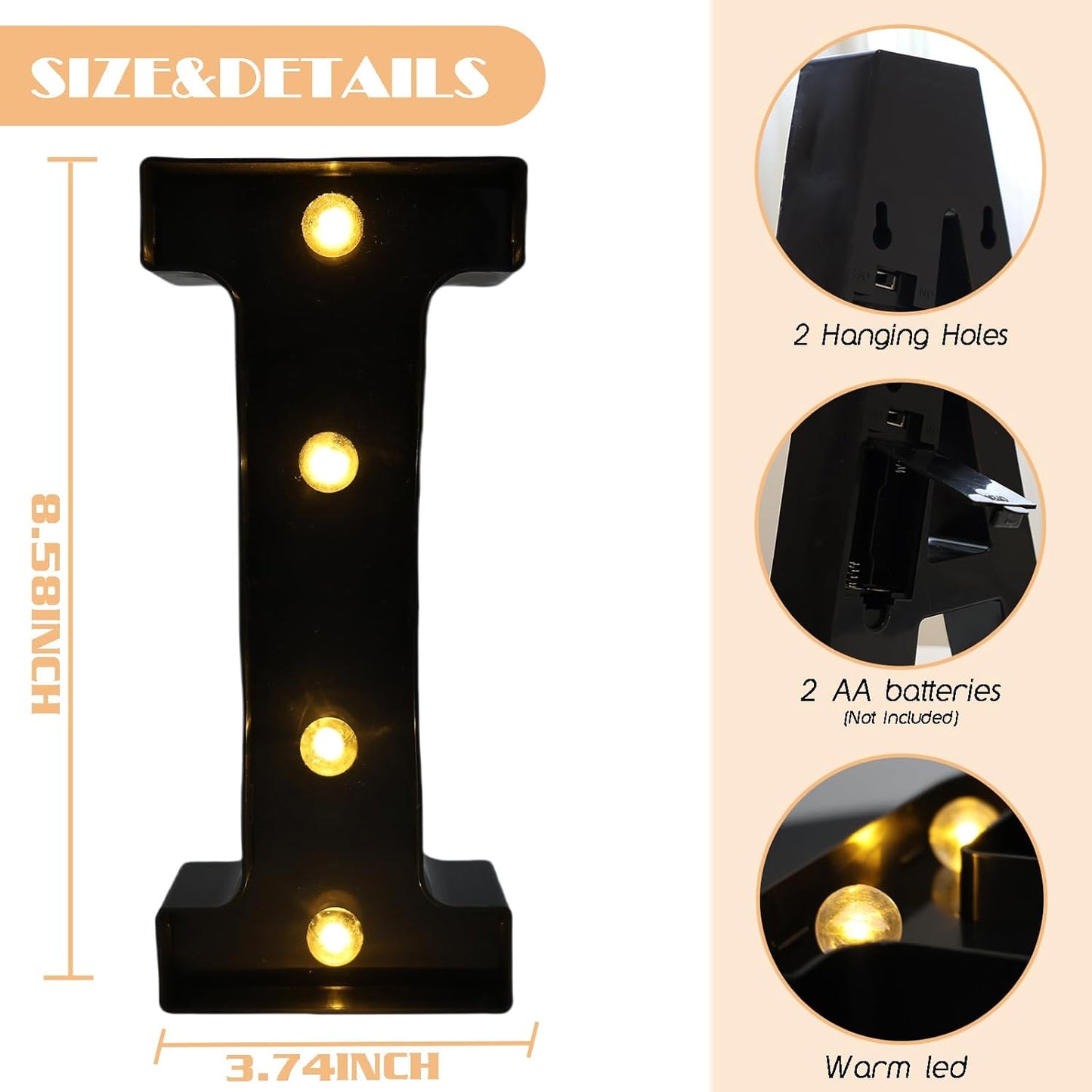 Led Marquee Letters, 8.58 Inch Black Light Up Letters, Small Led Letter Lights, Battery Powered Lighted Letterfor Table, Party, Birthday, Christmas Decor (Black, Letter I)