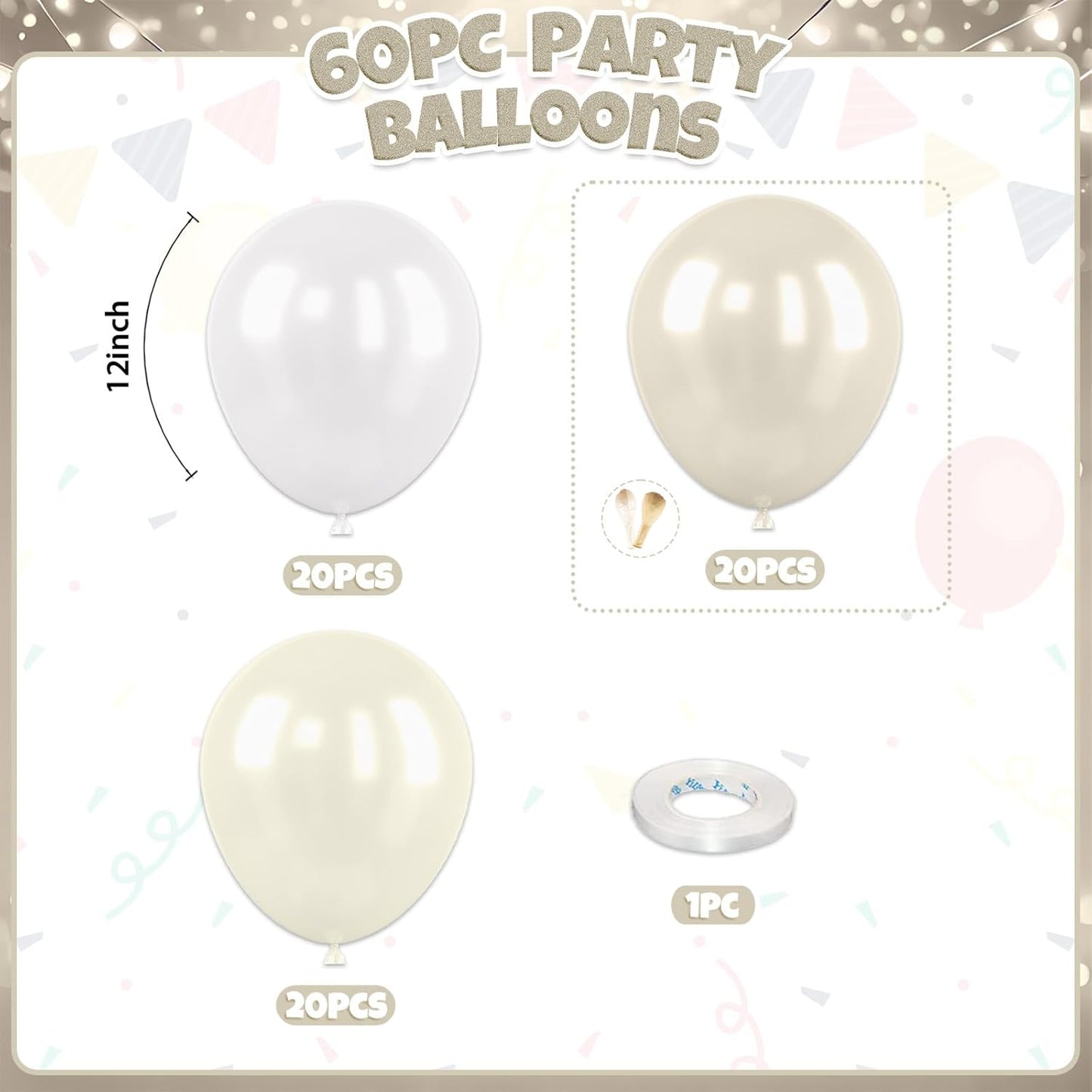 Double Stuffed Pearl Balloons, 60pcs Pearl White Balloons, Two Types Double Stuffed Sand White Balloon For Girls Women Lady Birthday Baby Shower Party Wedding Bridal Shower Engagement Anniversary